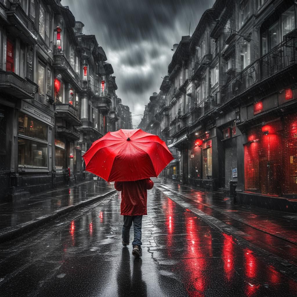 Boy with Red Umbrella on Rainy Street