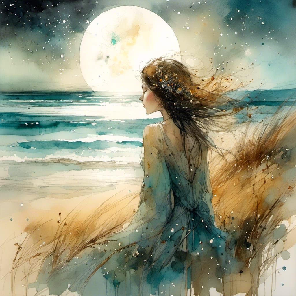 Woman Stargazing on Windy Beach in Liquid Ink