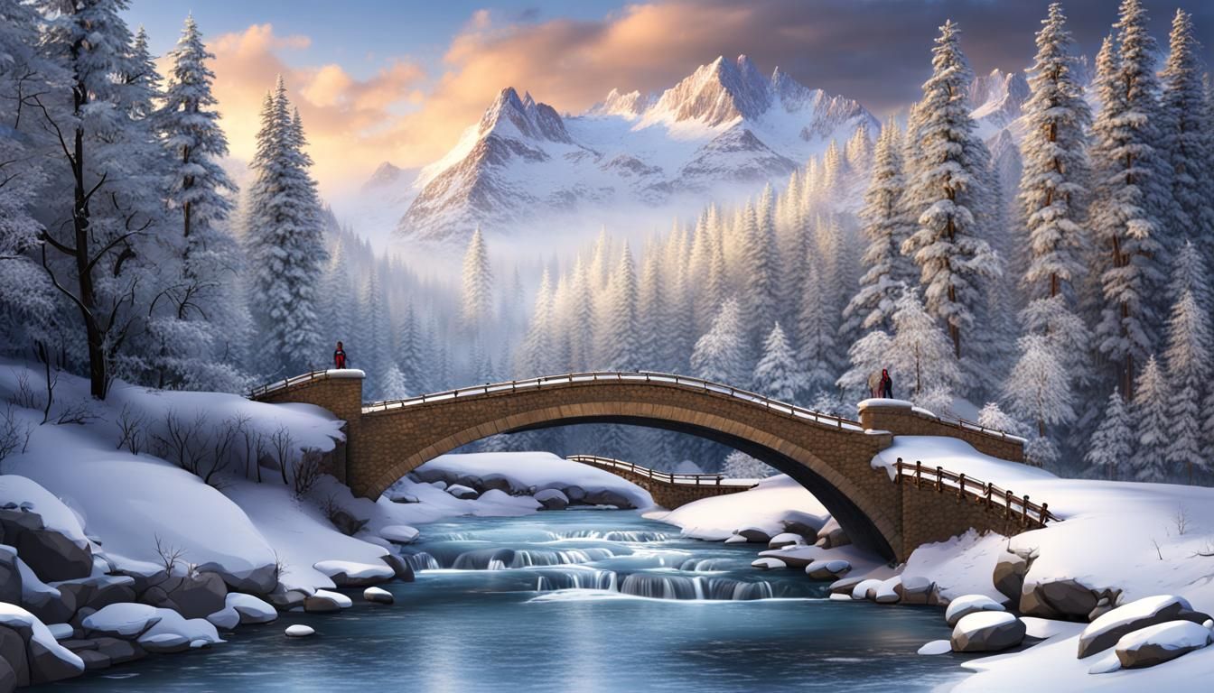 Winter Mountain Scene with River and Bridge