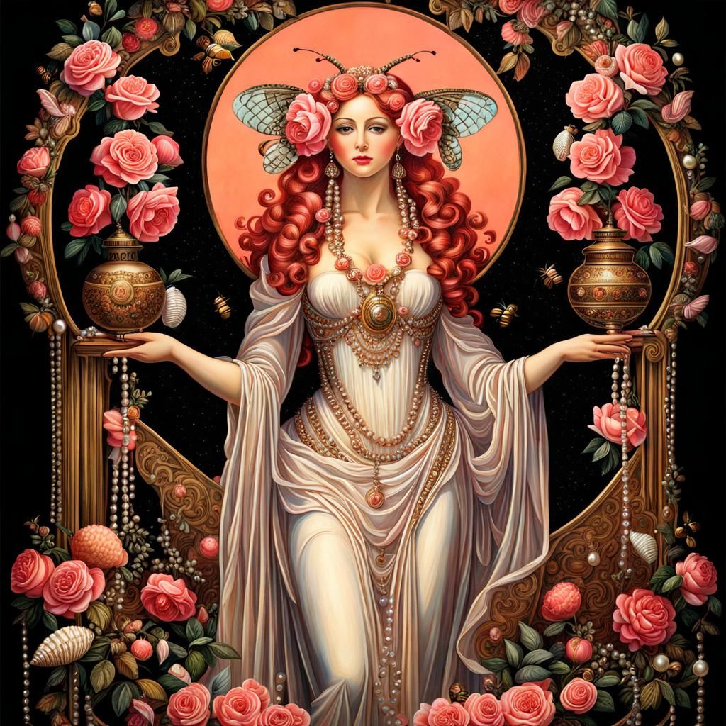 Renaissance Painting of Roses, Aphrodite and Pearls