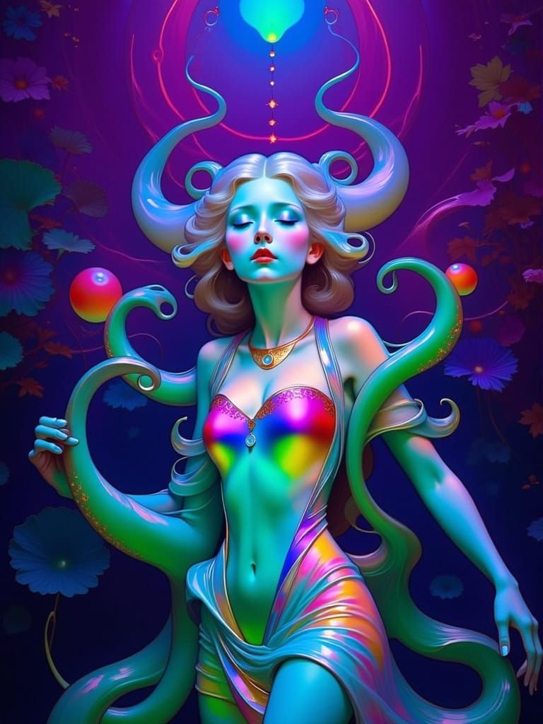 Ethereal Alien Consumes Venus Flytrap in Art Nouveau Flux