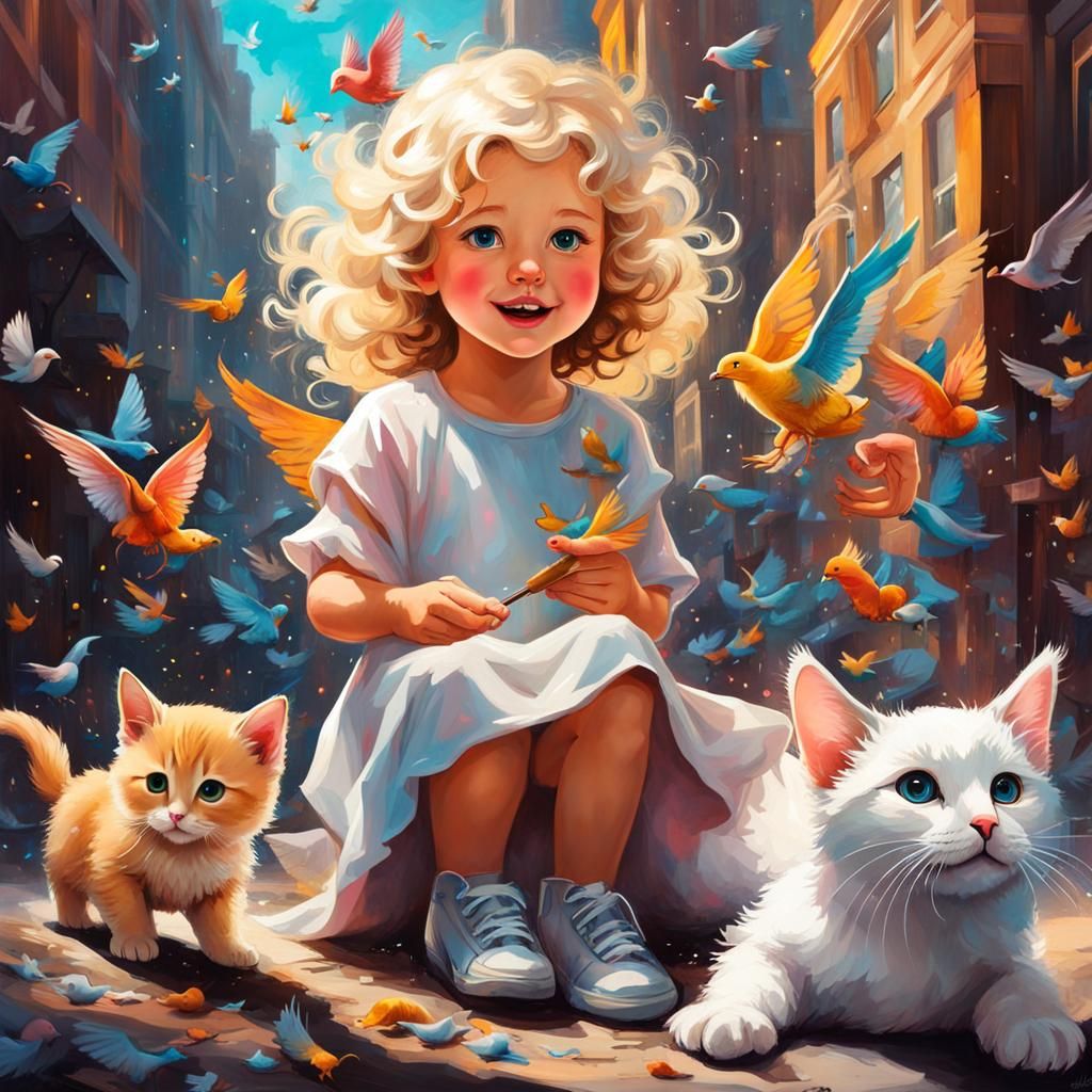 Angel Giving Kitten to Girl: Graffiti Art Style