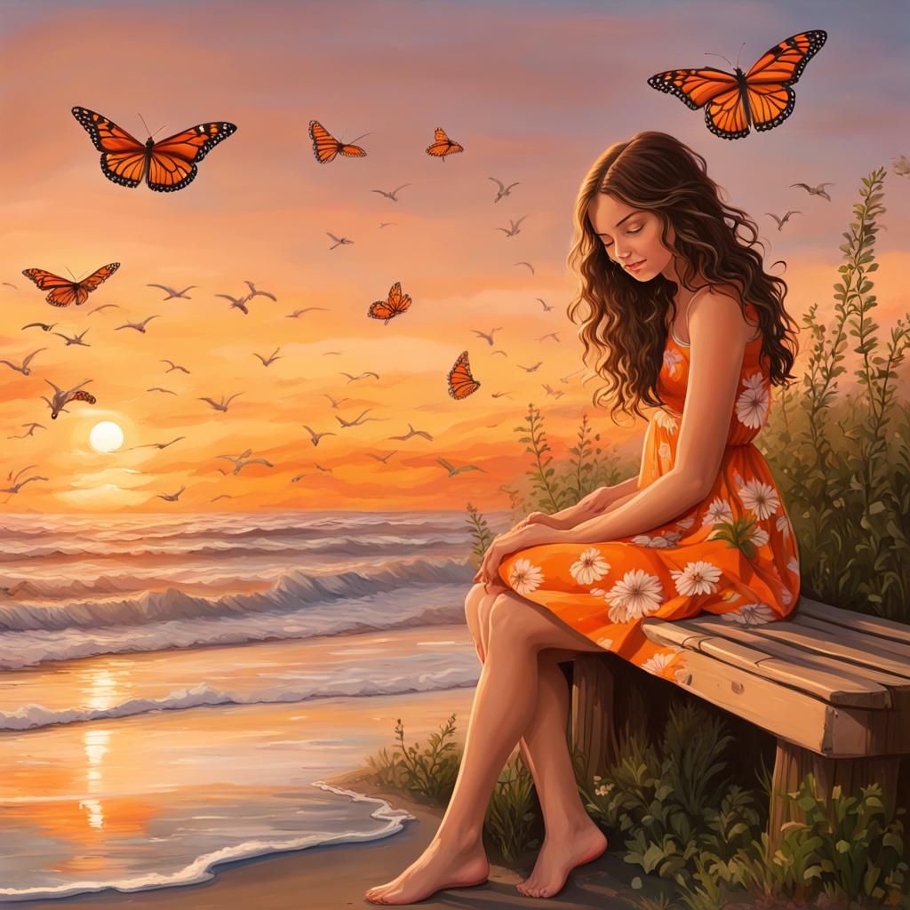 At beach a girl sits on a bench monarch butterflies  fly around her