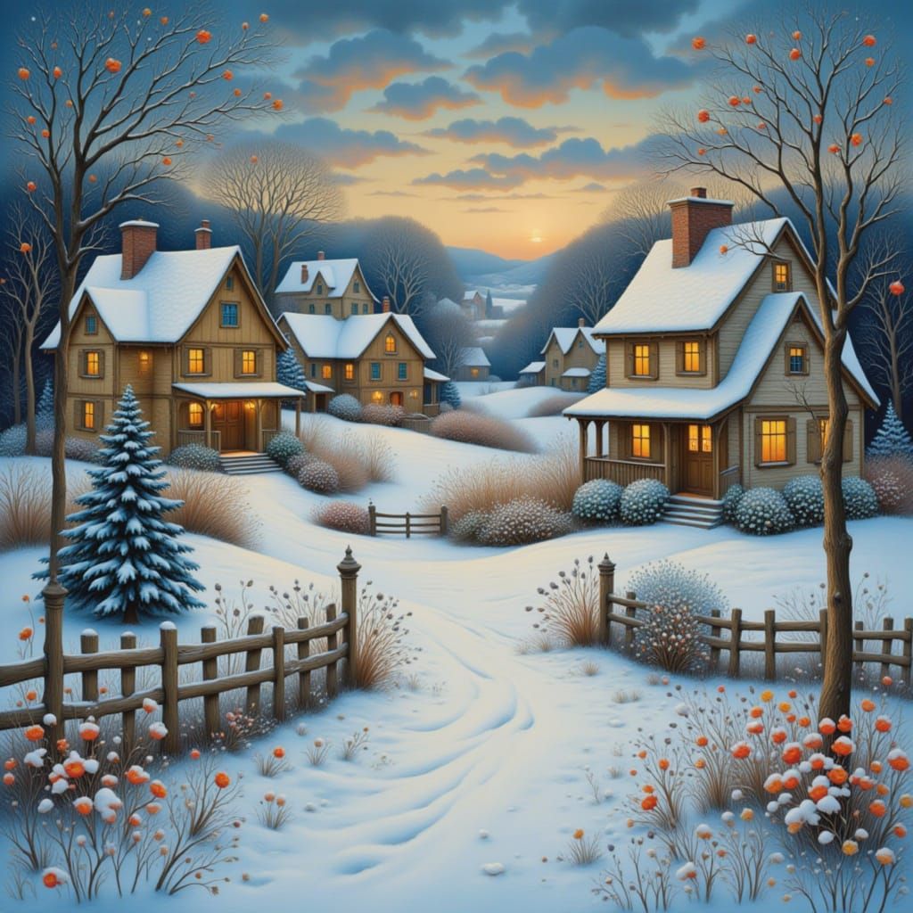 Peaceful Winter Village Evening in Folk Art Style