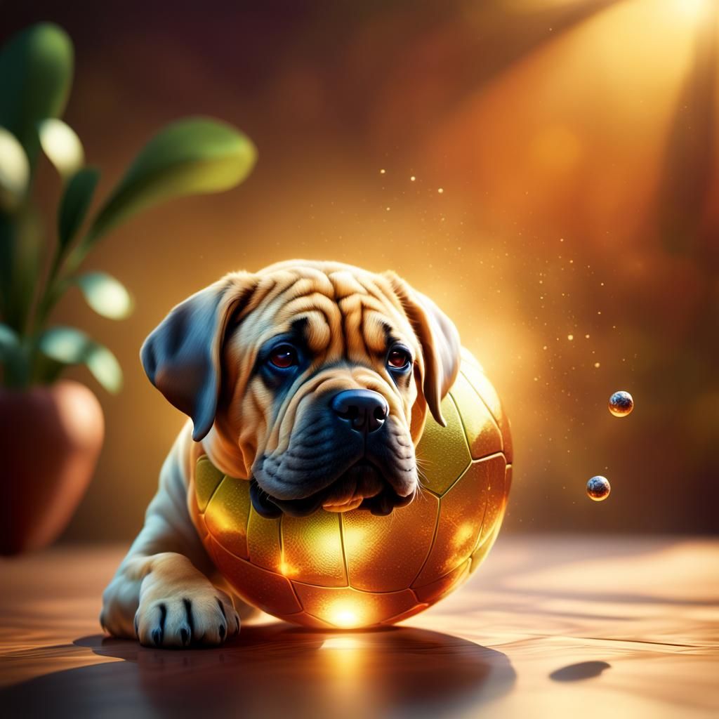Cute Mastiff with Ball in Hyperrealistic Style