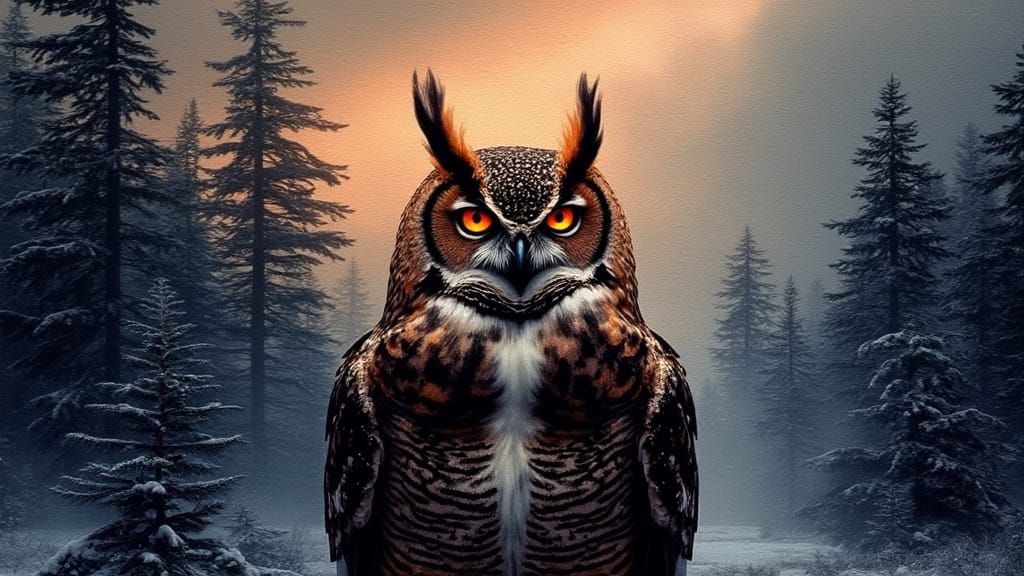 Great Horned Owl Double Exposed with Forest in Tapestry Styl...