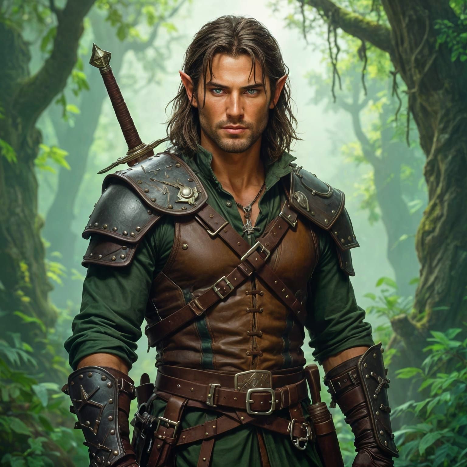 Half-Elf Ranger in Ancient Forest