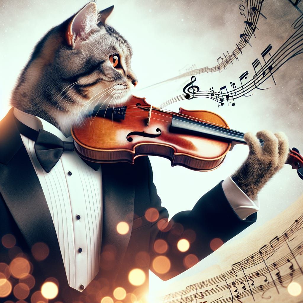 Cat in Tuxedo Playing Violin with Double Exposure