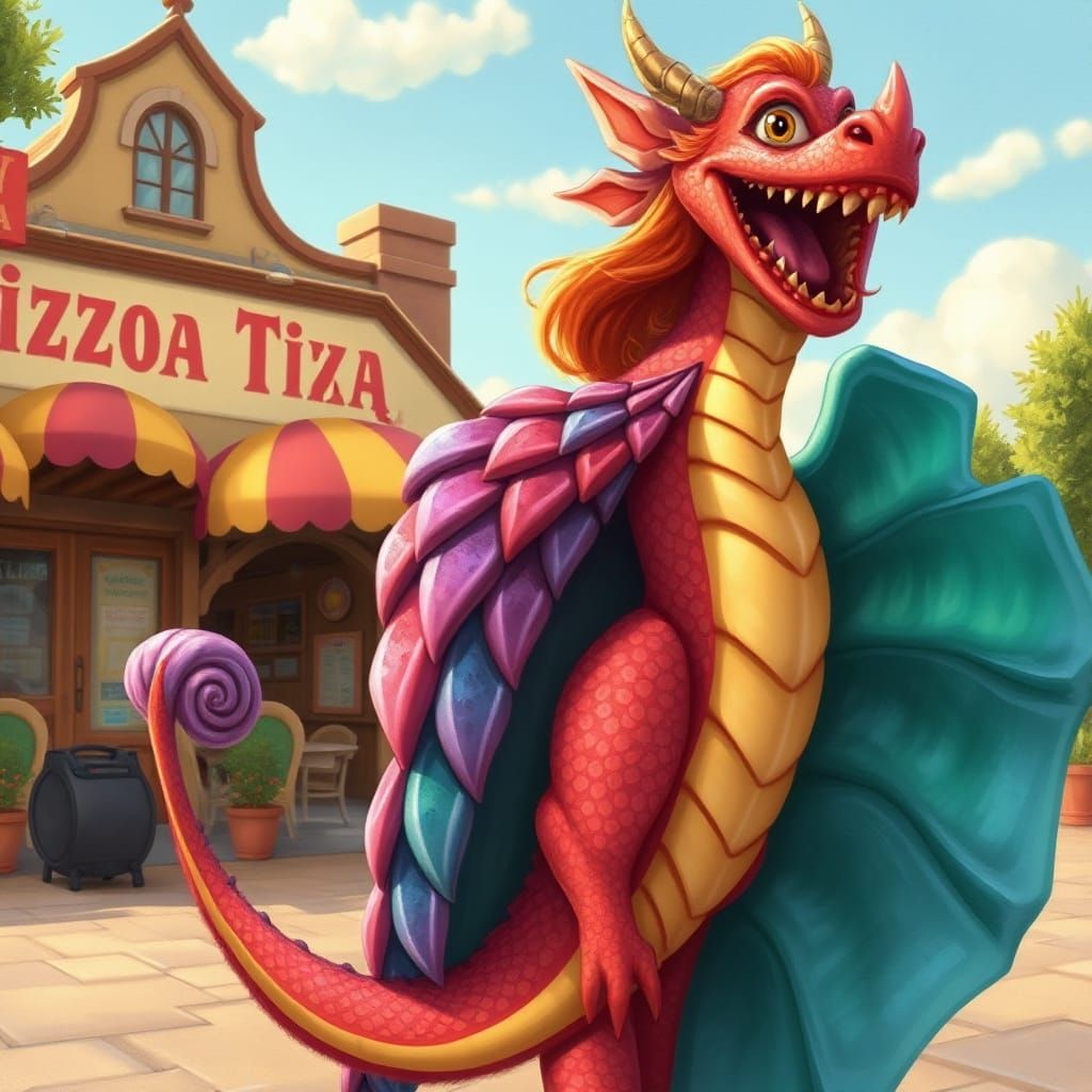 Fantastical Dragon Costume in Whimsical Italian Pizzeria Sce...