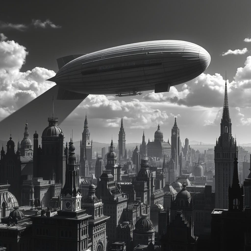 Retro Futuristic Cityscape with Zeppelin Overhead in High-Co...