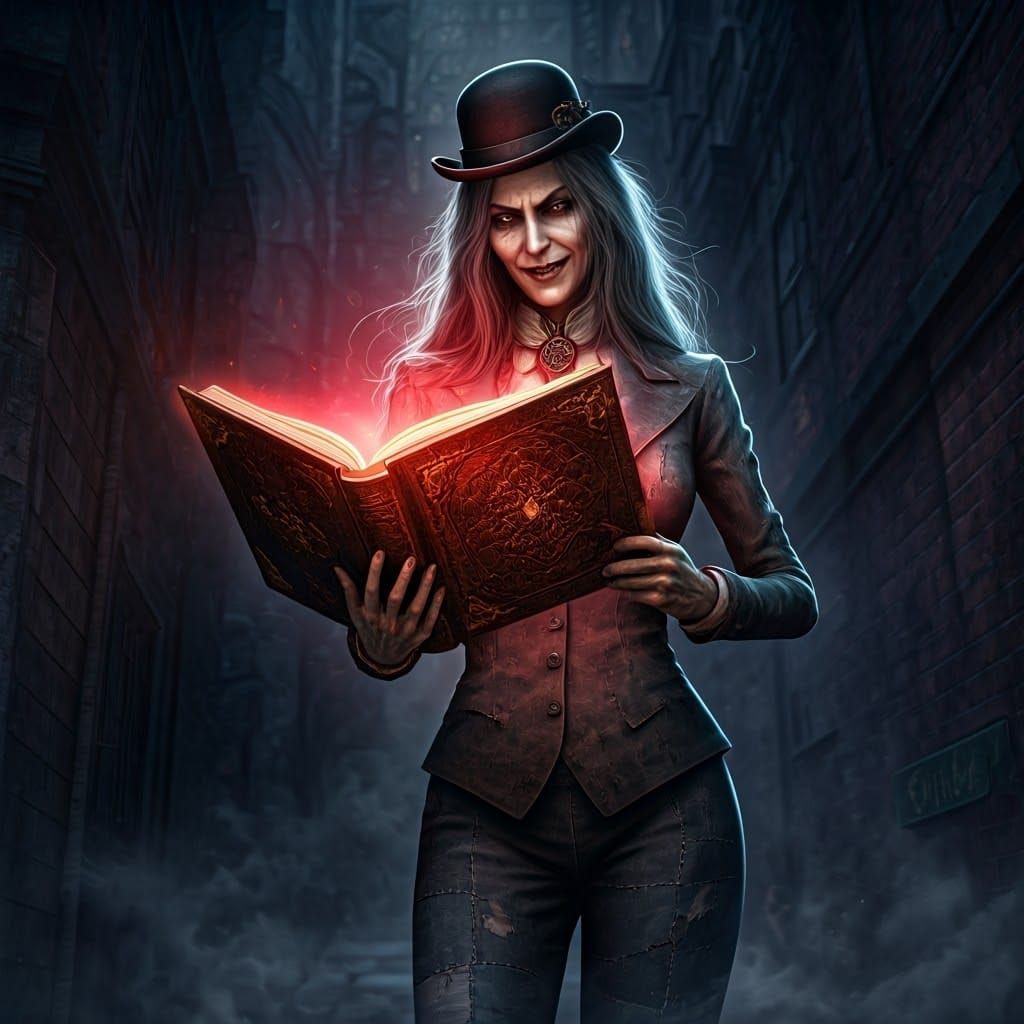 Elegant Steampunk Sorceress Dominates Dark Alleyway