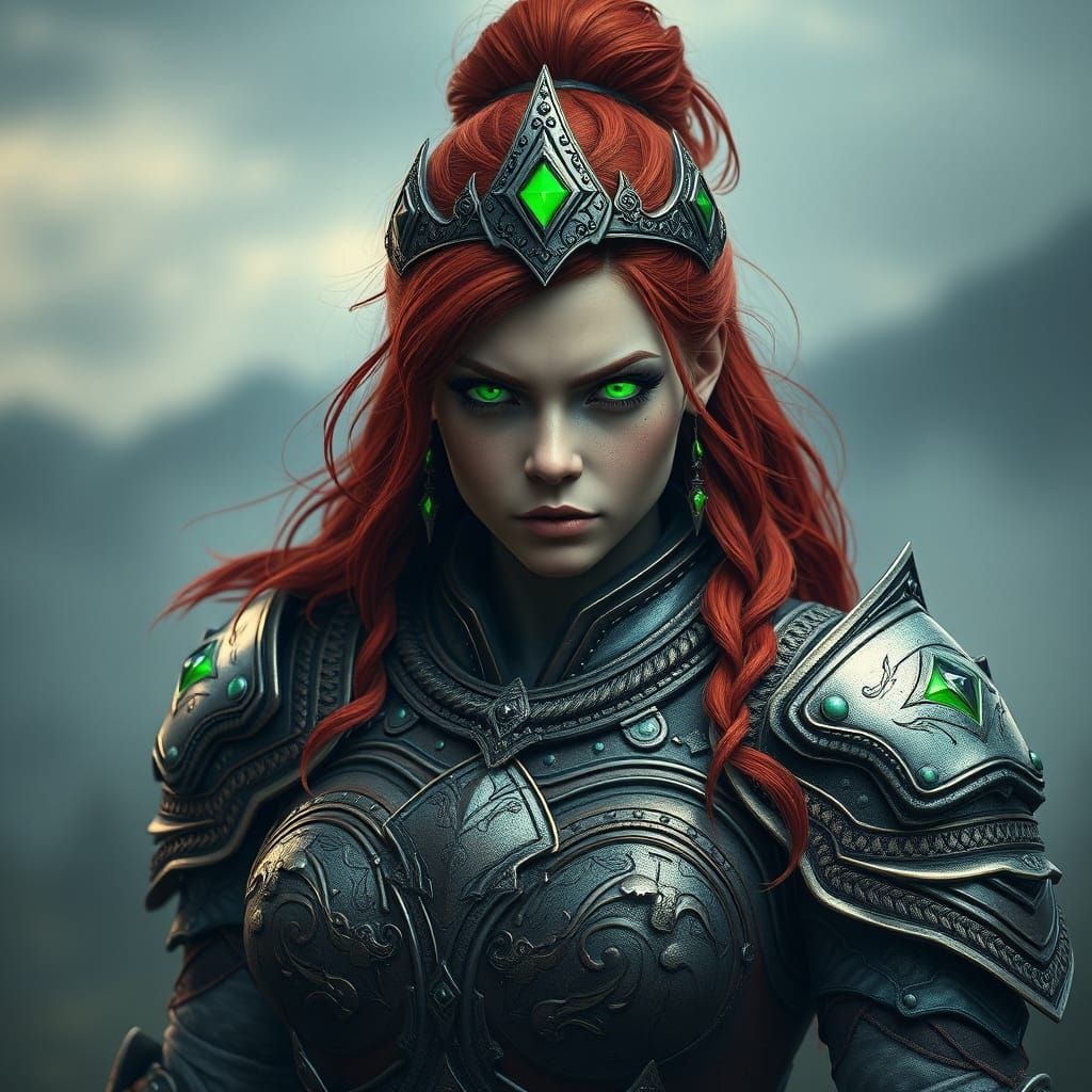 Redhead Warrior Queen on Misty Battlefield
