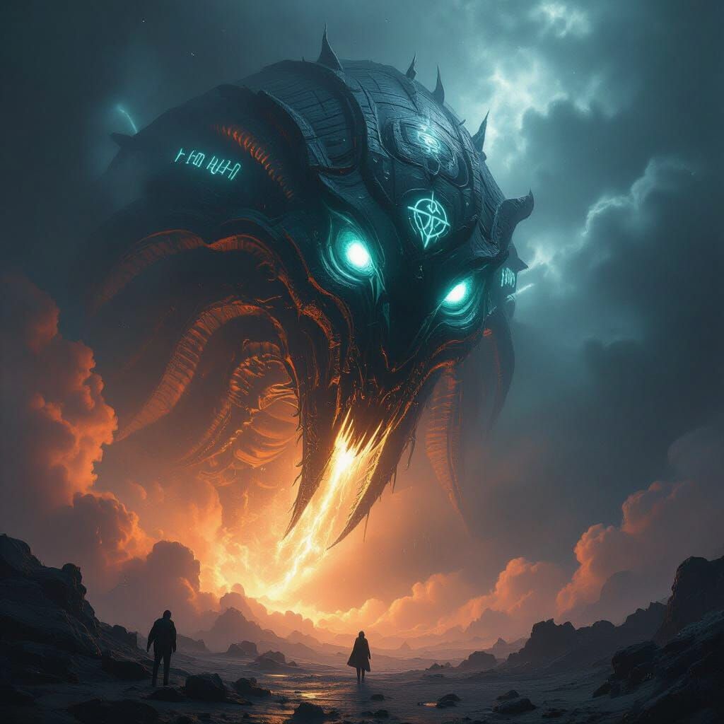 Biomechanical Leviathan Emerges from Nebula in Surreal Style