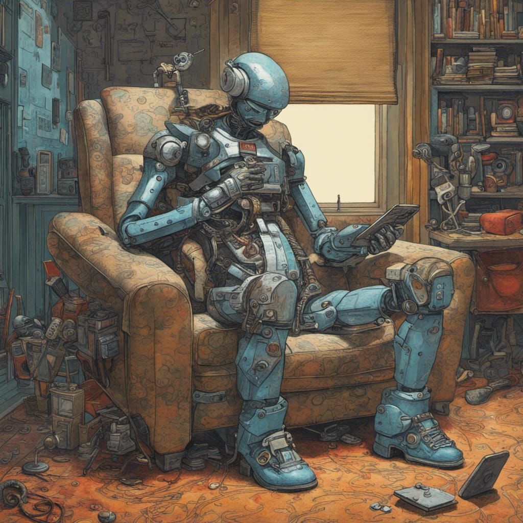 Cyberpunk Robot Relaxing in Armchair