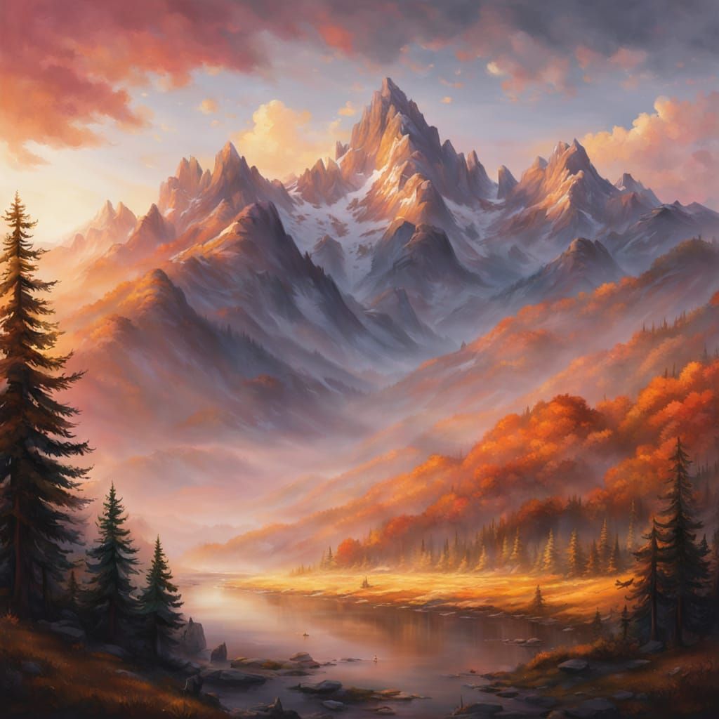Majestic Sunrise Landscape in Vibrant Oil Painting Style