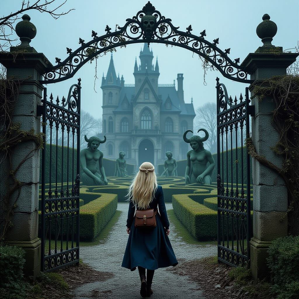 Gothic Maze Garden with Statues and Shadowy Manor