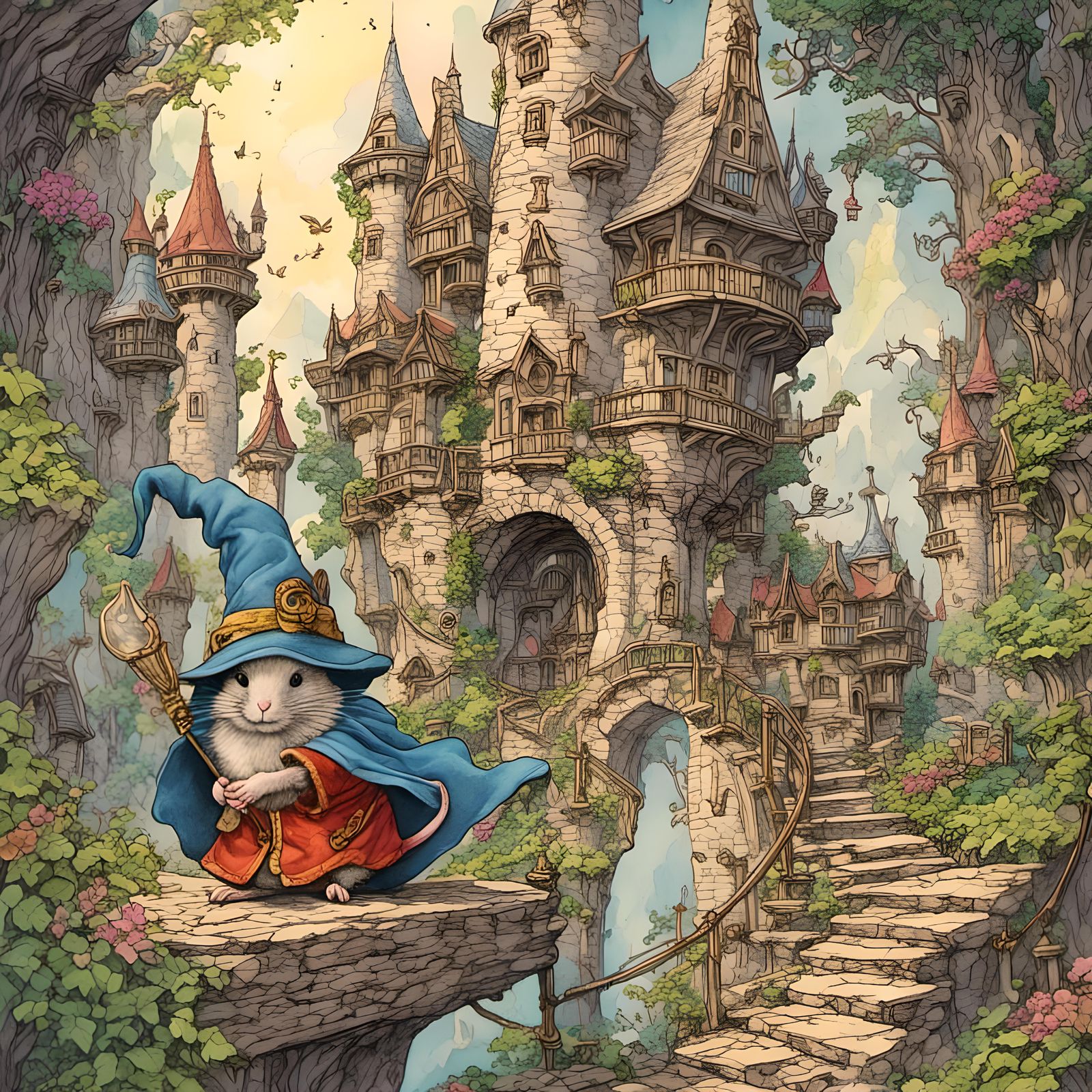 <lora:2023 bldg landscape:1.0> Ultradetailed Mouse wizard in his wizards tower, ultradetailed fantasy background