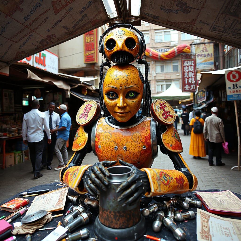 Afrofuturist Robot Fortune-teller in Floating Bazaar