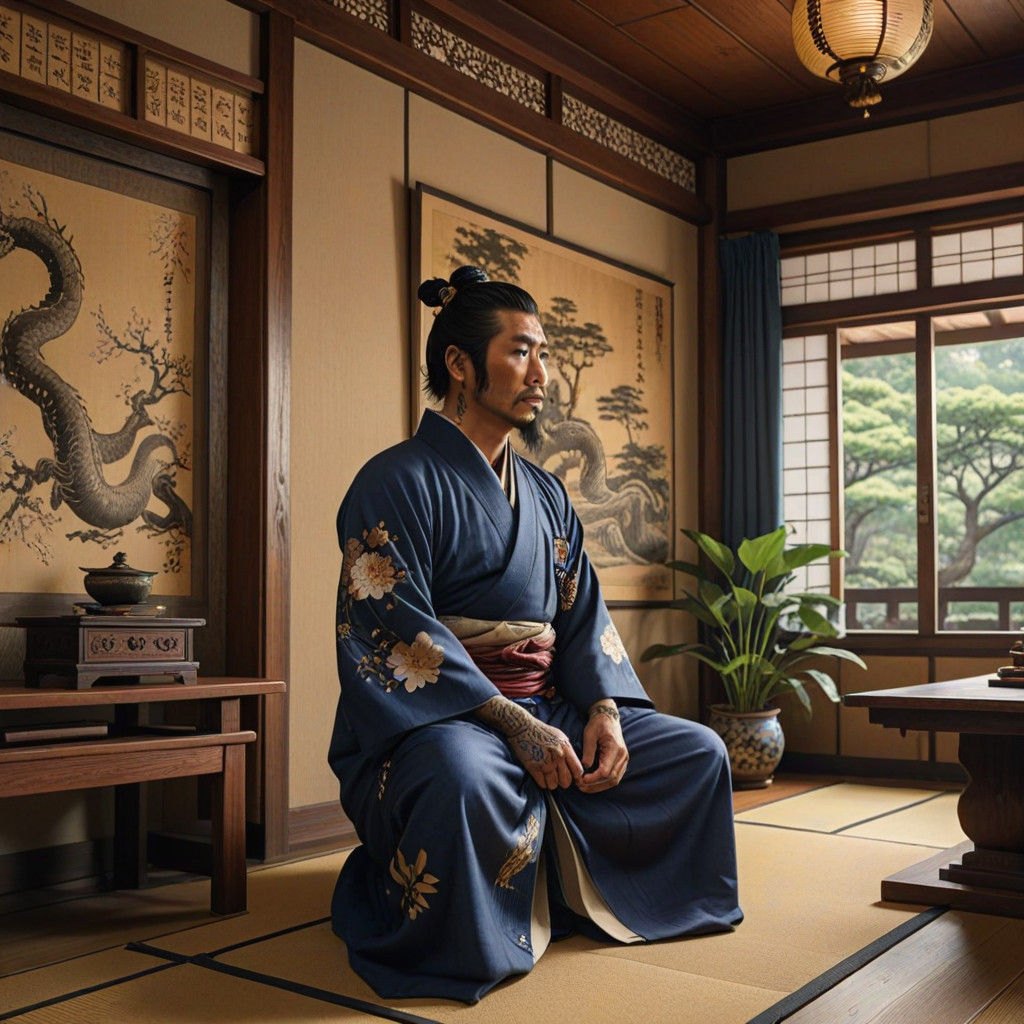 Surreal Yakuza in Traditional Japanese Chamber with Intricat...