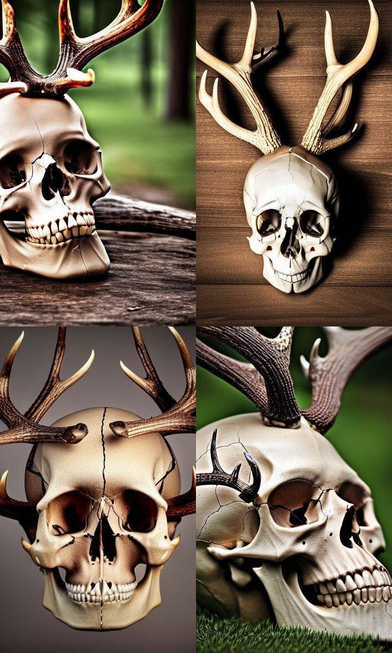 Human Skull with Deer Antlers: Professional Photography