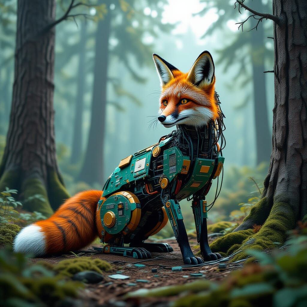 Steampunk Fox Robot in Recycled Tech Forest
