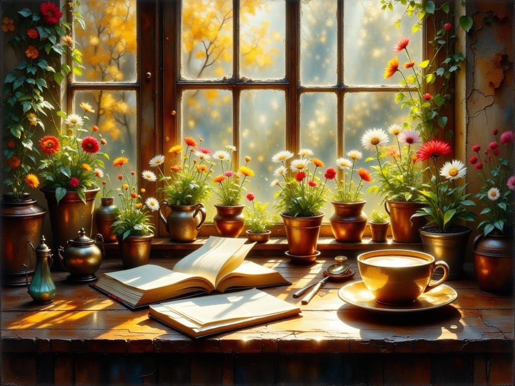 A cozy, sun-drenched corner, enjoying a book and a drink.