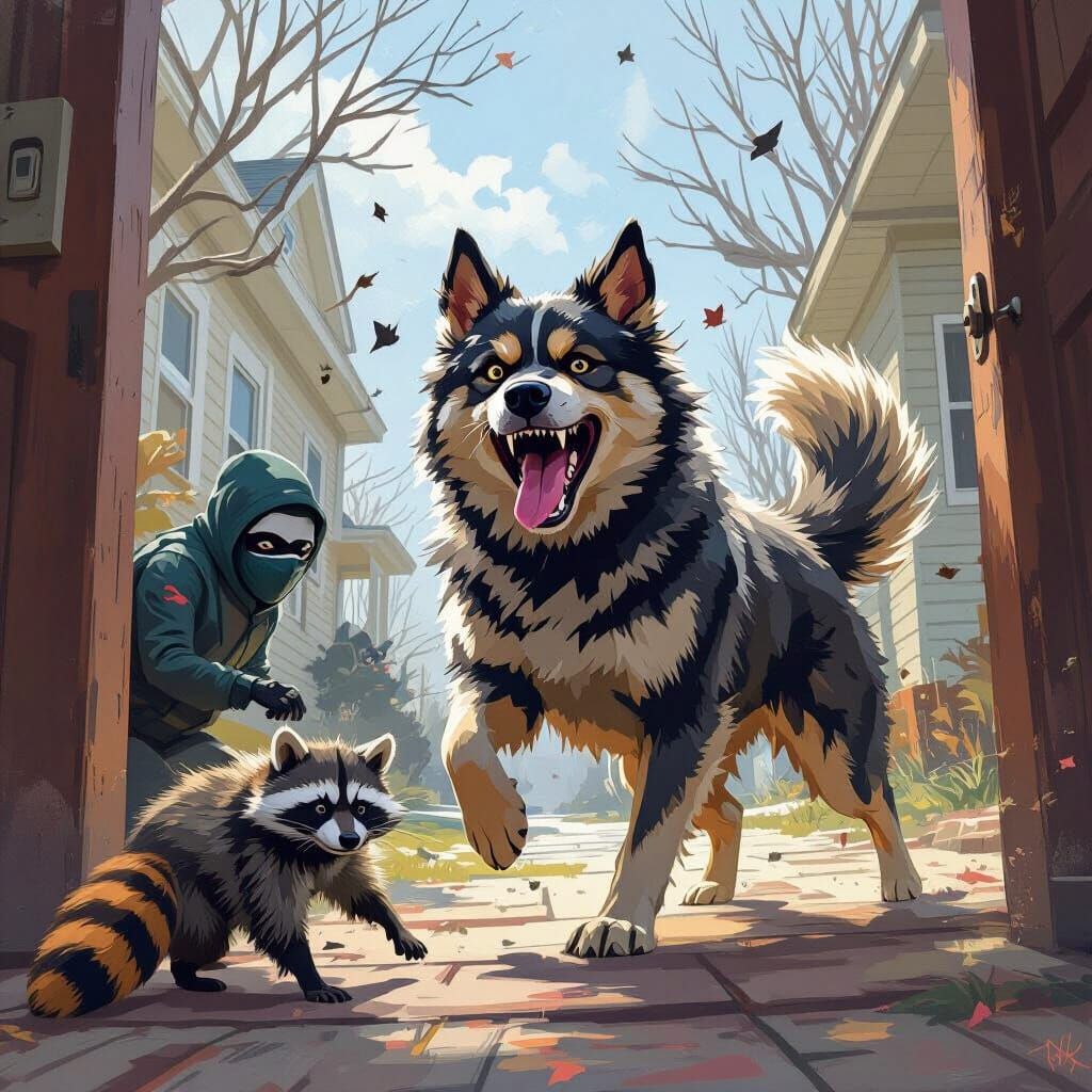 Fierce Dog Defends Home from Raccoons in Dynamic Scene