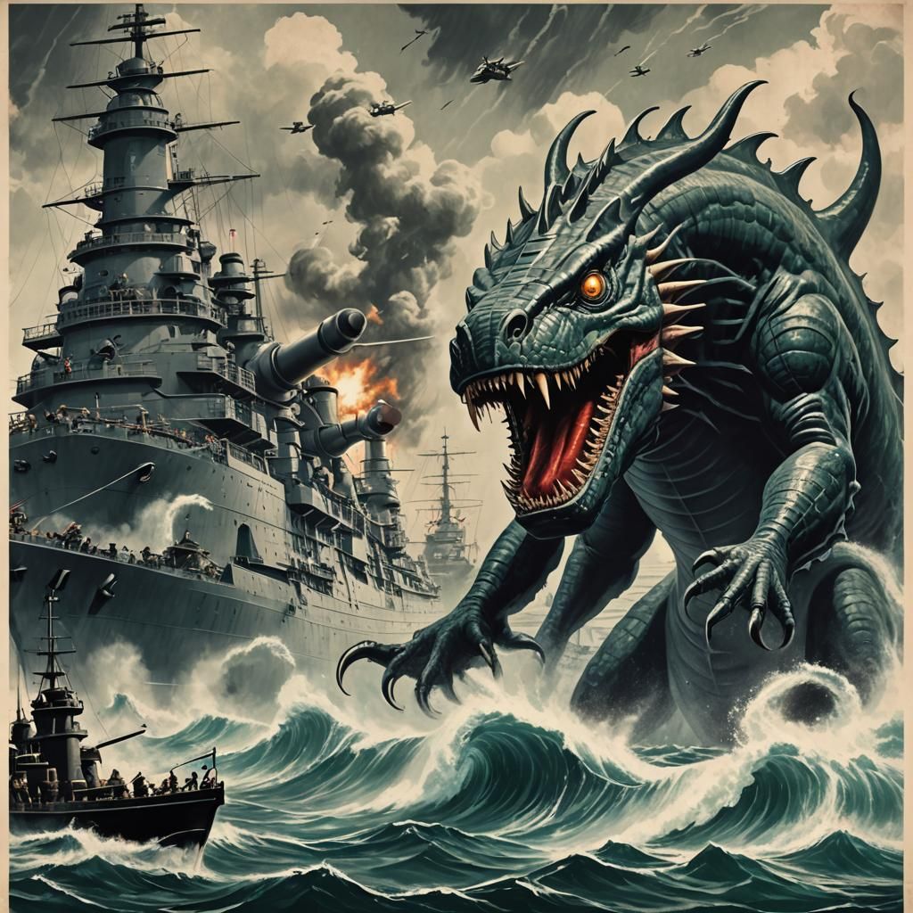 Giant Sea Monster Attacks Battleship: 1950s Sci-Fi
