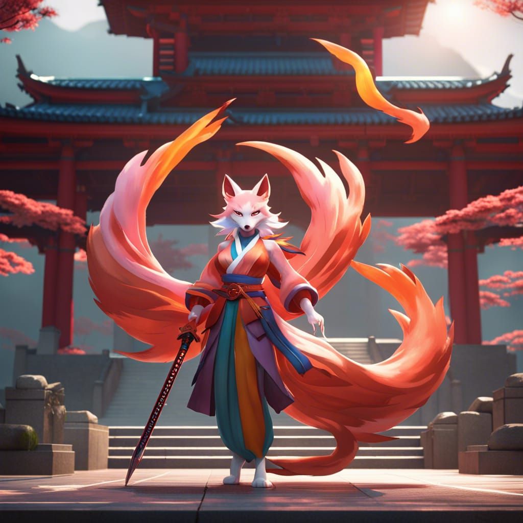 Nine-Tailed Fox Lady with Swords, Fantasy Art