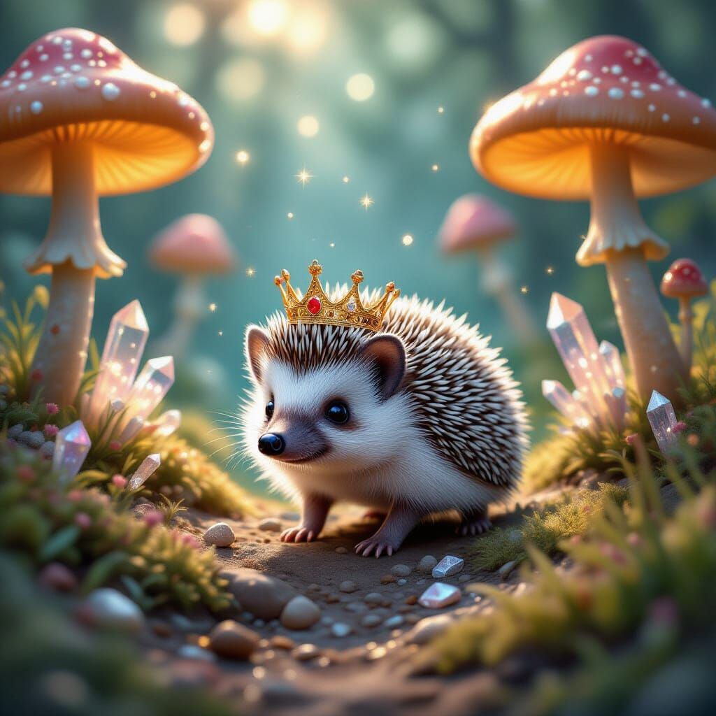 Whimsical Hedgehog Prince in Magical Mushroom Forest