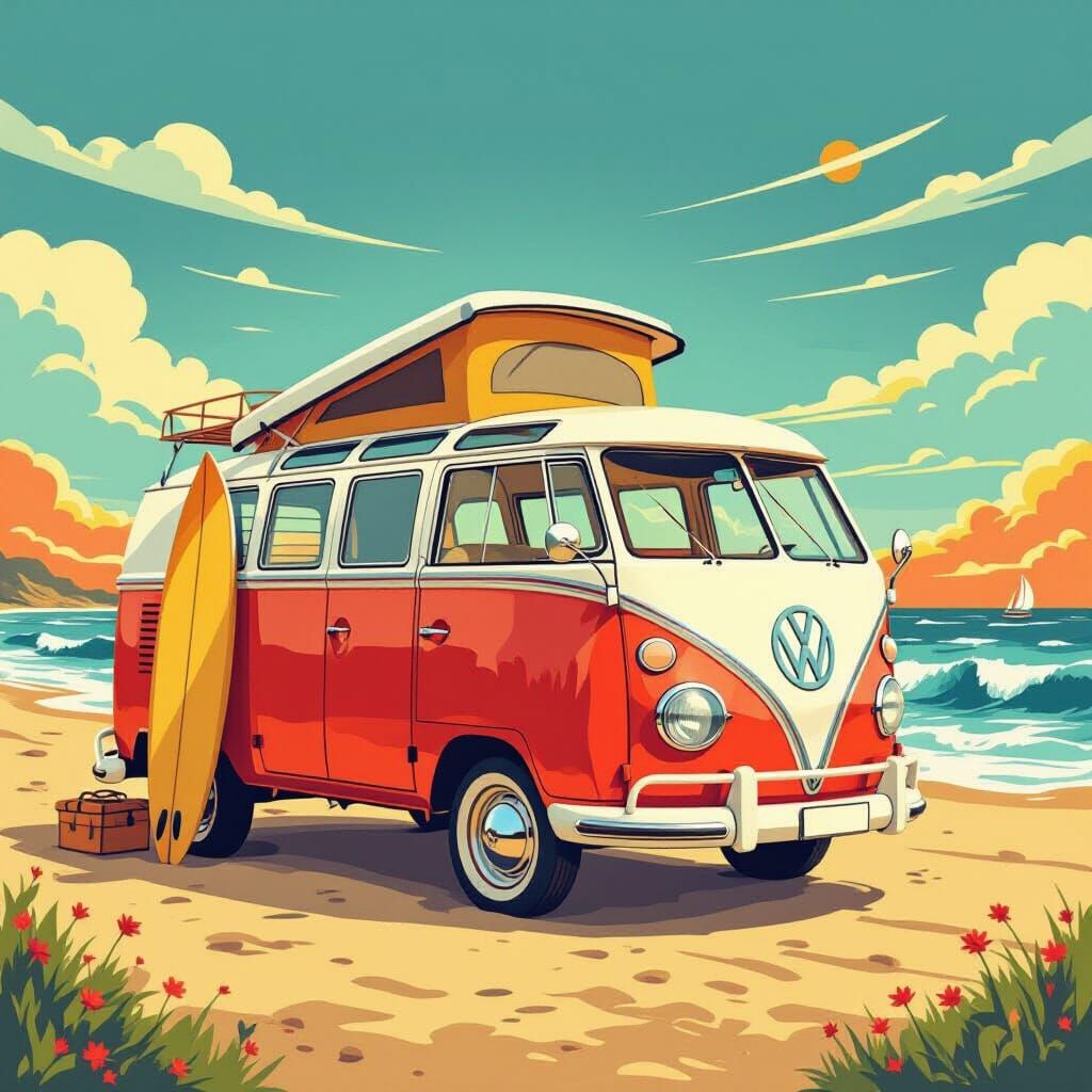 VW Camper Van at Beach in Abstract Vector Style