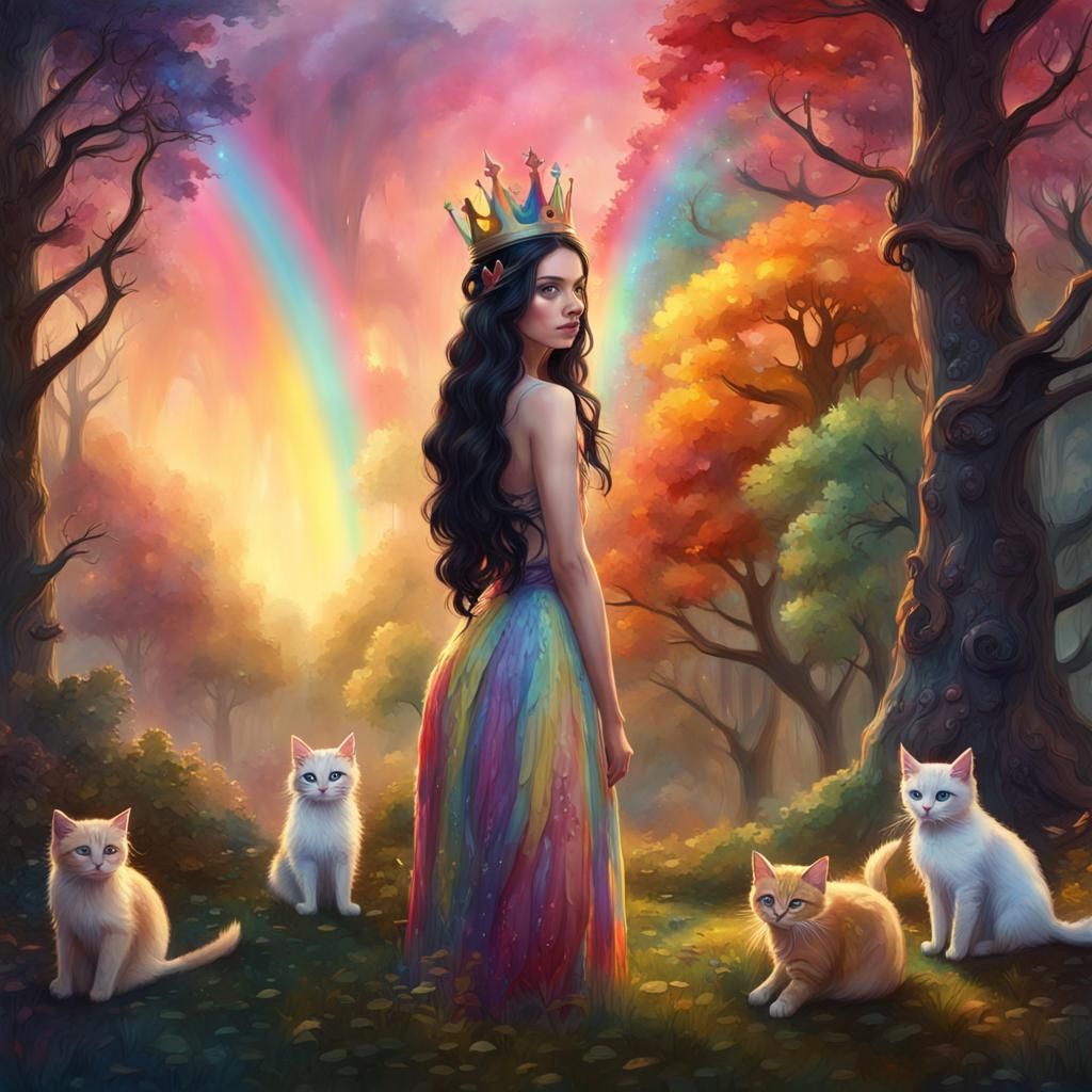 Kittens Playing with Rainbow in Forest Painting