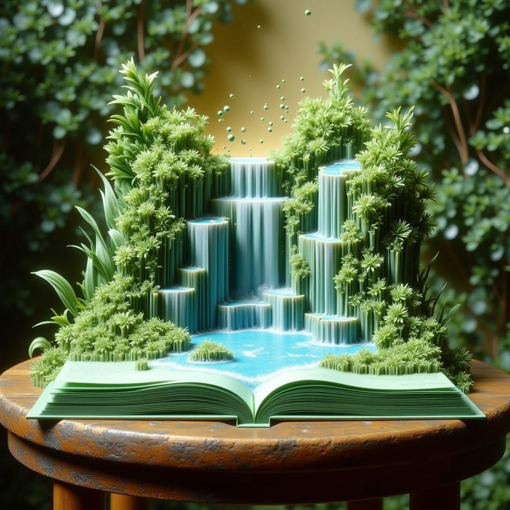 Scenic Waterfall Pop-Up Book in Watercolor Style