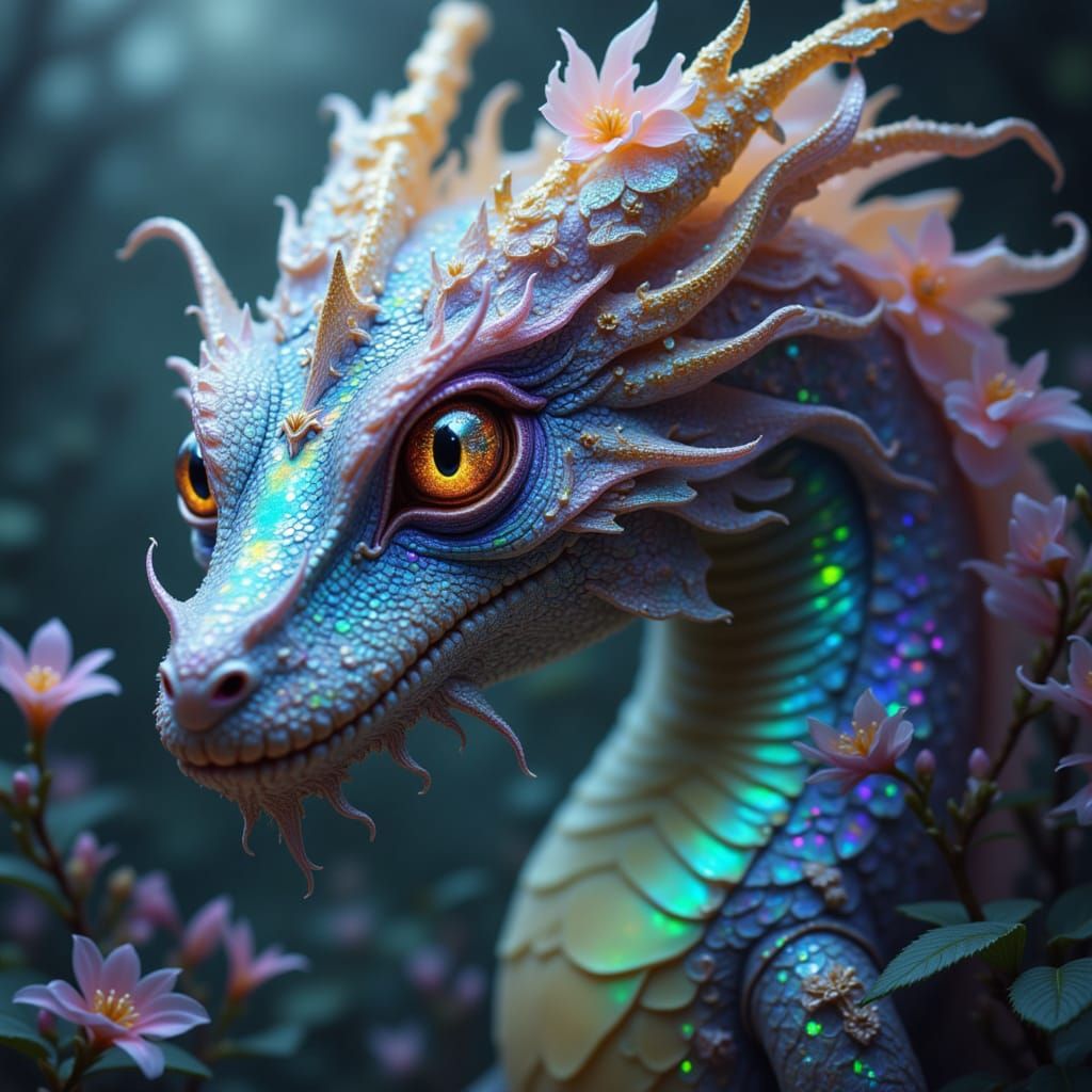 Opal Floral Dragon with Stunning Eyes in Cosmic Horror Style