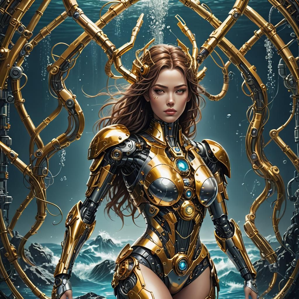 Golden Cyborg Mermaid Undersea Portrait: Biomechanical Art