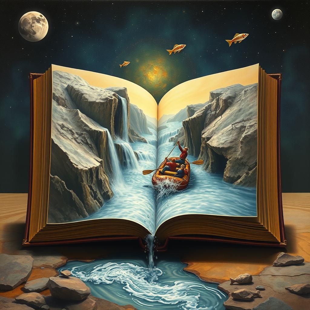 Rafting River Emerges From Book in Surreal Cosmic Scene