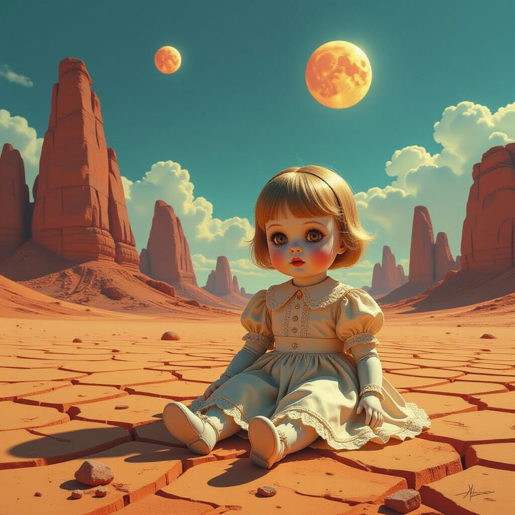 Creepy Doll in Alien Desert Hyperrealistic Fantasy Art
