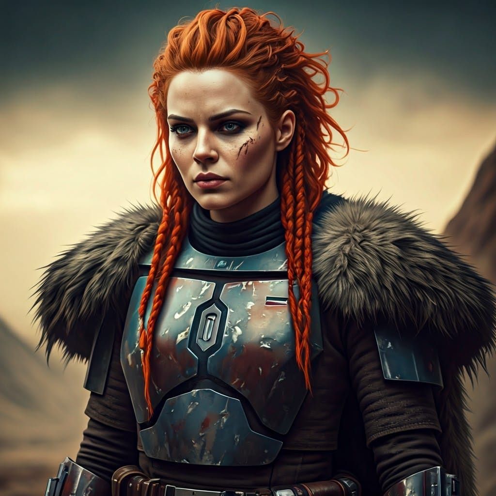 Cyberpunk-Inspired Female Mandalorian in Battle-Worn Armor