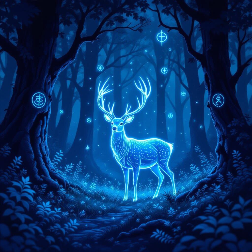 Mystical Blue Deer in Enchanted Forest Glade