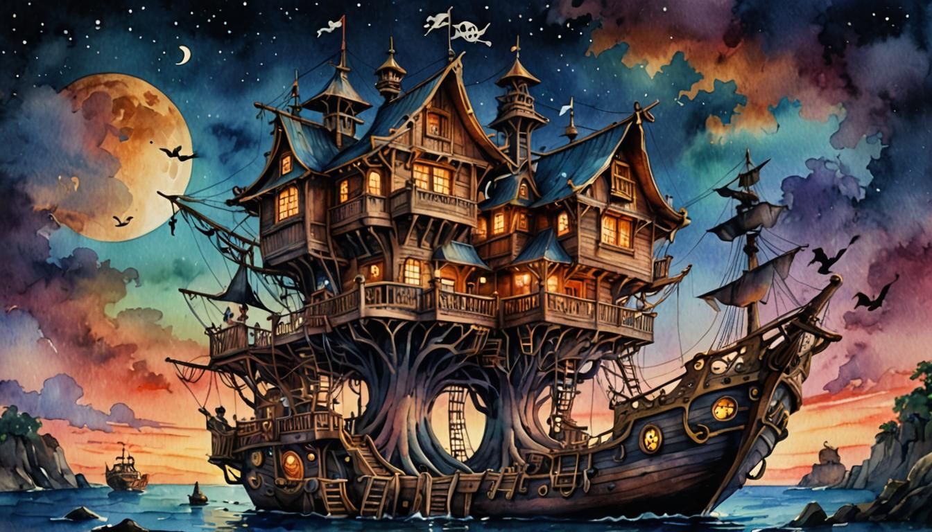 Pirate Ship Treehouse in Art Nouveau Style