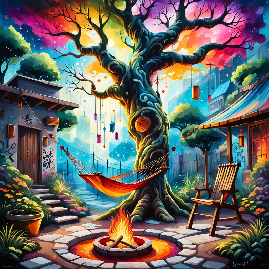 Vibrant Spiritual Garden in Graffiti Art Style