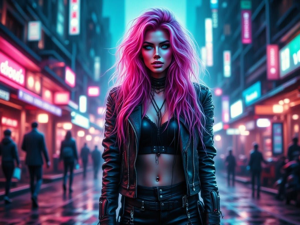 Cyberpunk Woman with Pink Hair in Neon Alley