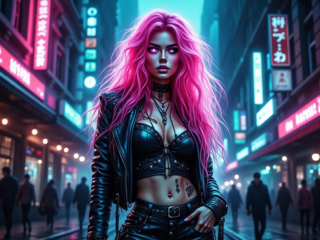 Cyberpunk Woman with Pink Hair in Neon Alley