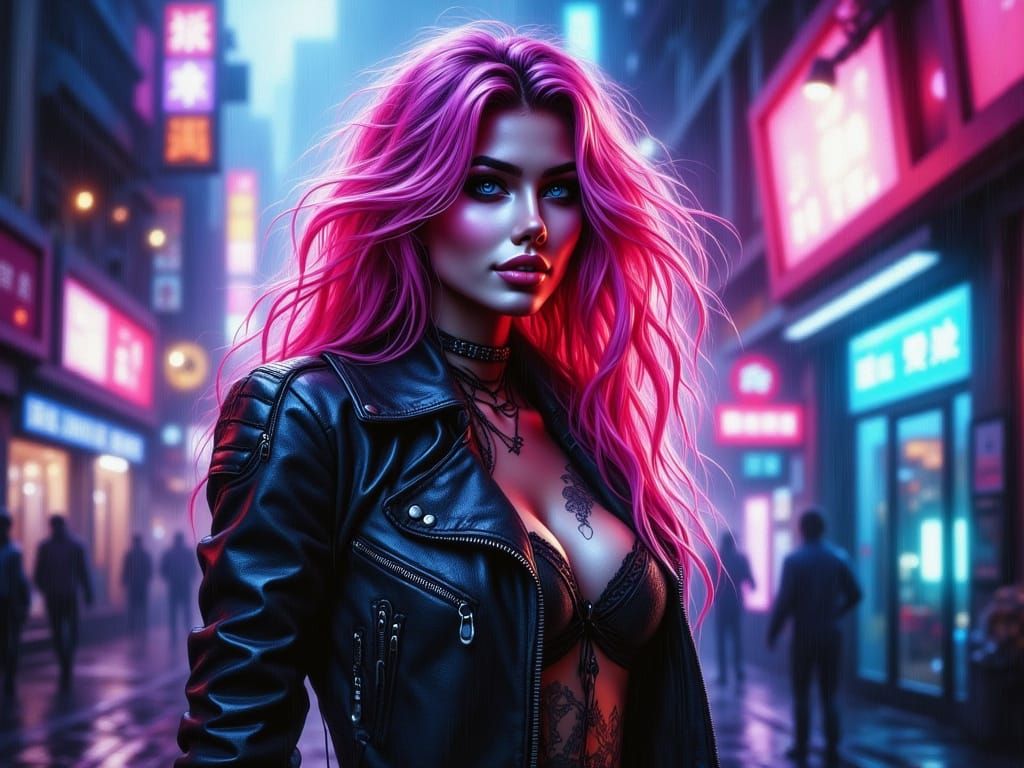 Cyberpunk Woman with Pink Hair in Neon Alley