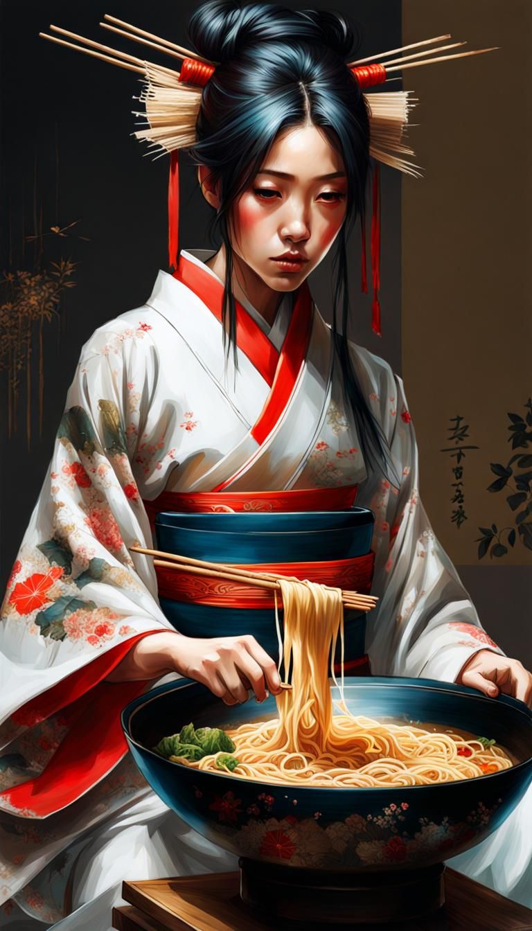 Japanese Princess with Ramen: Detailed Portrait