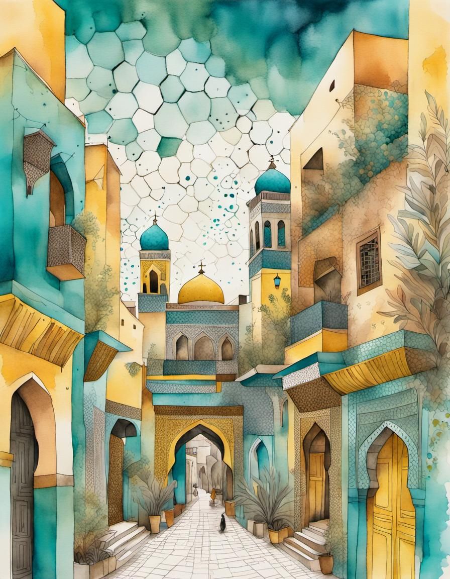Vibrant Moroccan Souk Illustration in Mixed Media