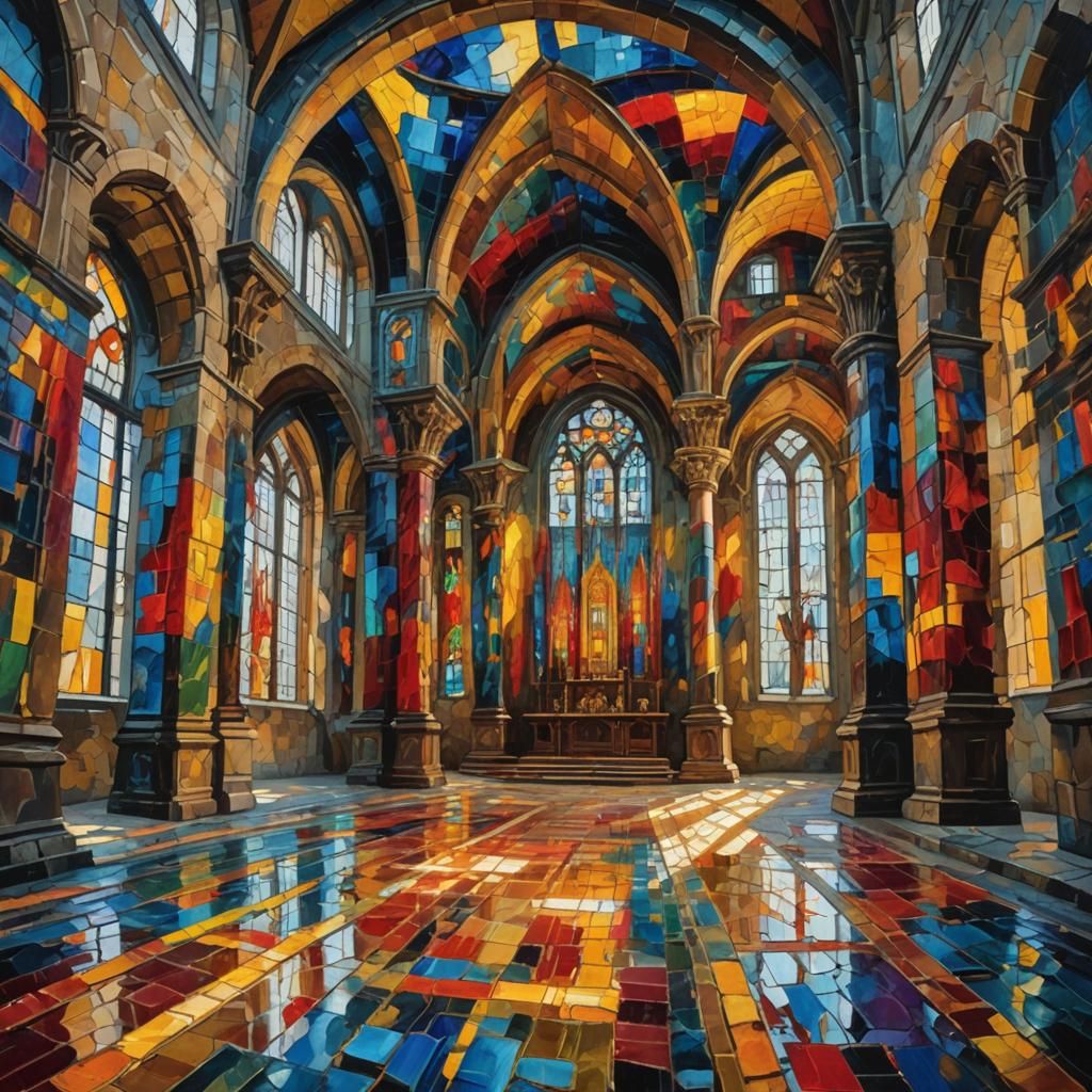 Vibrant Tapestry in Castle Hall as Oil Painting