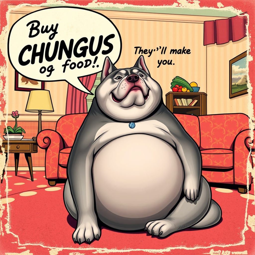 A strange 1950s advert for CHUNGUS dog food featuring a morbidly obese husky dog a speech bubble says "buy CHUNGUS dog f...