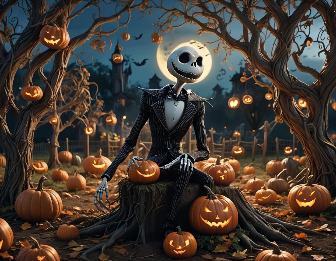Jack Skellington in Spooky Pumpkin Patch at Night