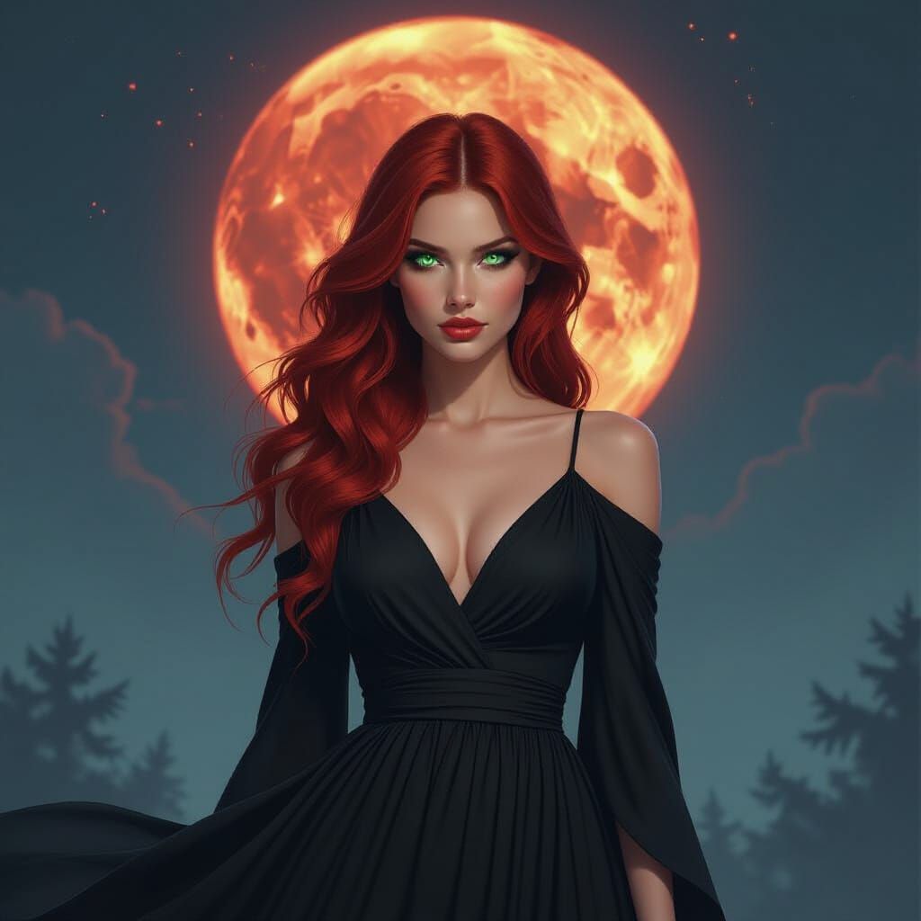 Mystical Redhead Under Blood Moon: Digital Art